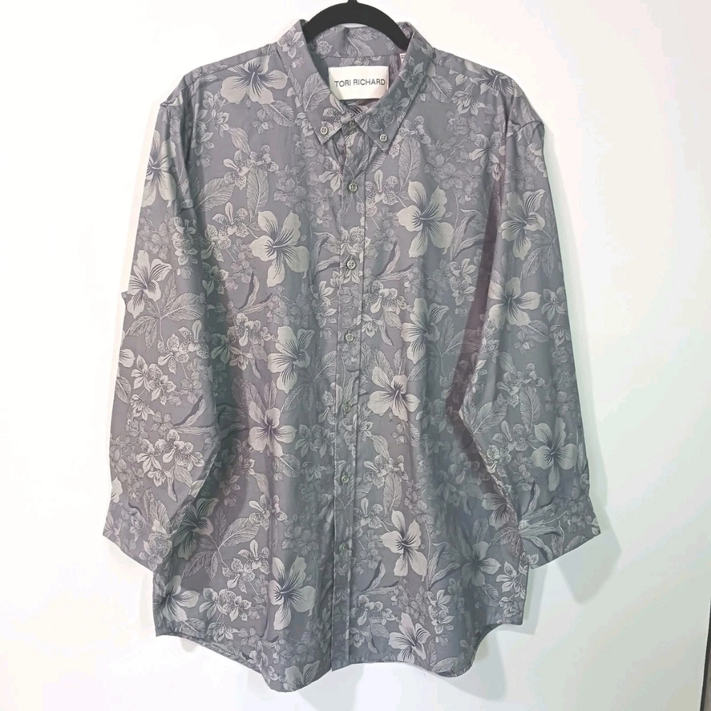 Tori Richard BLOOMING Long Sleeve Floral Jacquard Shirt Graphite L - Excellent
